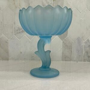 Vintage Indiana Glass Frosted Blue Lotus Blossom Pedestal Compote